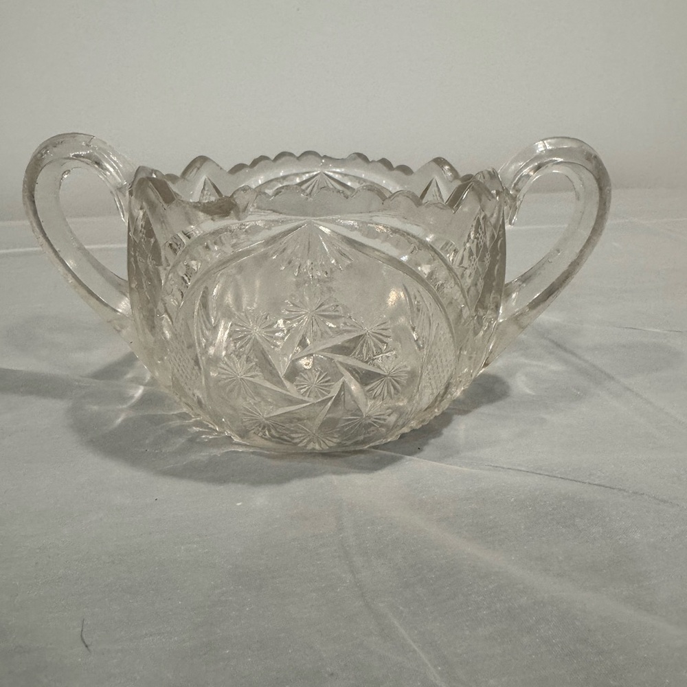 Vintage Cut Glass Sugar Bowl Double Handle Starburst Candy Dish